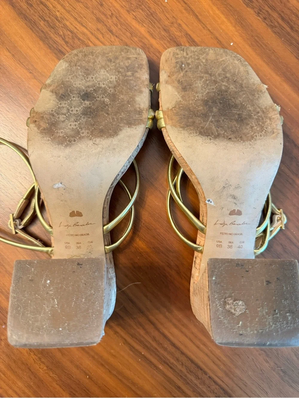 Luiza Barcelos Gold Metallic Strappy Cork Block Heel Sandals US 9